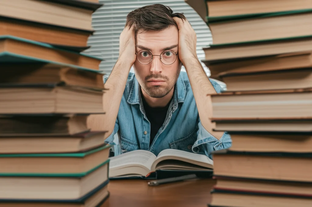 Foto realistica di uno studente universitario seduto a una scrivania ingombra di libri, con un'espressione leggermente stressata ma con un accenno di idea brillante negli occhi, luce naturale dalla finestra, profondità di campo, obiettivo 35mm.