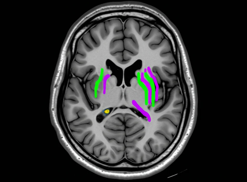 Immagine 3D di una trattografia cerebrale che mostra i fasci di sostanza bianca come il fascicolo fronto-occipitale inferiore (viola) e le radiazioni ottiche (verde), con una lesione evidenziata nella regione mesiotemporale, fotografia wide-angle 24mm, focus nitido sui tratti.