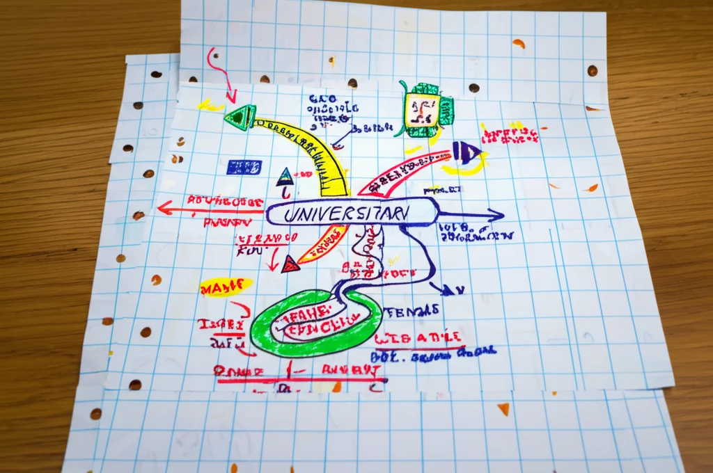 Immagine macro fotorealistica di appunti universitari trasformati giocosamente in una mappa mentale colorata con disegni e frecce, su una scrivania di legno, illuminazione controllata e messa a fuoco precisa sui dettagli, obiettivo macro 60mm.