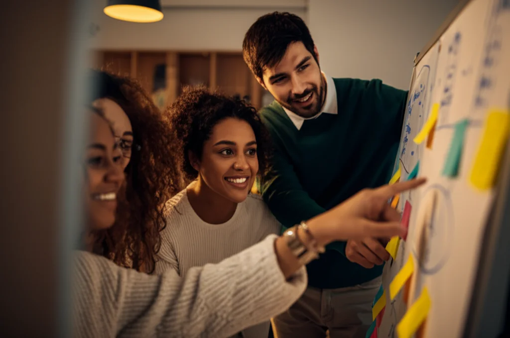 Foto realistica di un piccolo gruppo di studenti universitari che collaborano attivamente e sorridono durante un workshop sull'apprendimento giocoso, uno indica una lavagna con schemi colorati, luce ambientale calda, obiettivo 24-35mm, stile reportage.