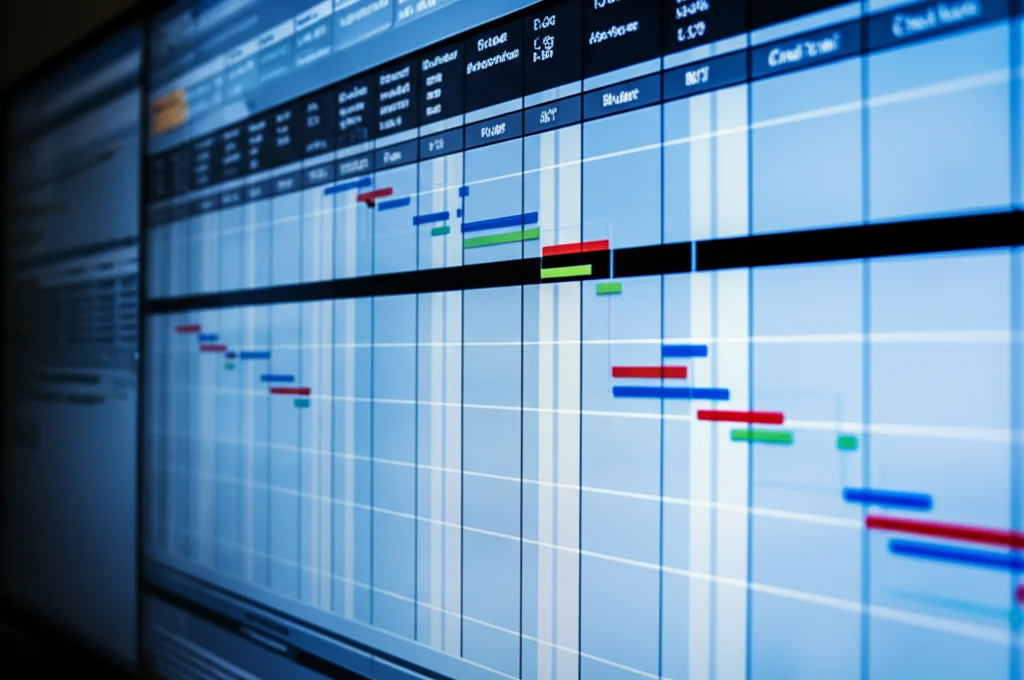 Fotografia industriale, primo piano di un diagramma di Gantt complesso visualizzato su uno schermo digitale in una sala di controllo scarsamente illuminata, obiettivo 50mm, profondità di campo ridotta, toni blu freddi e grigi metallici.