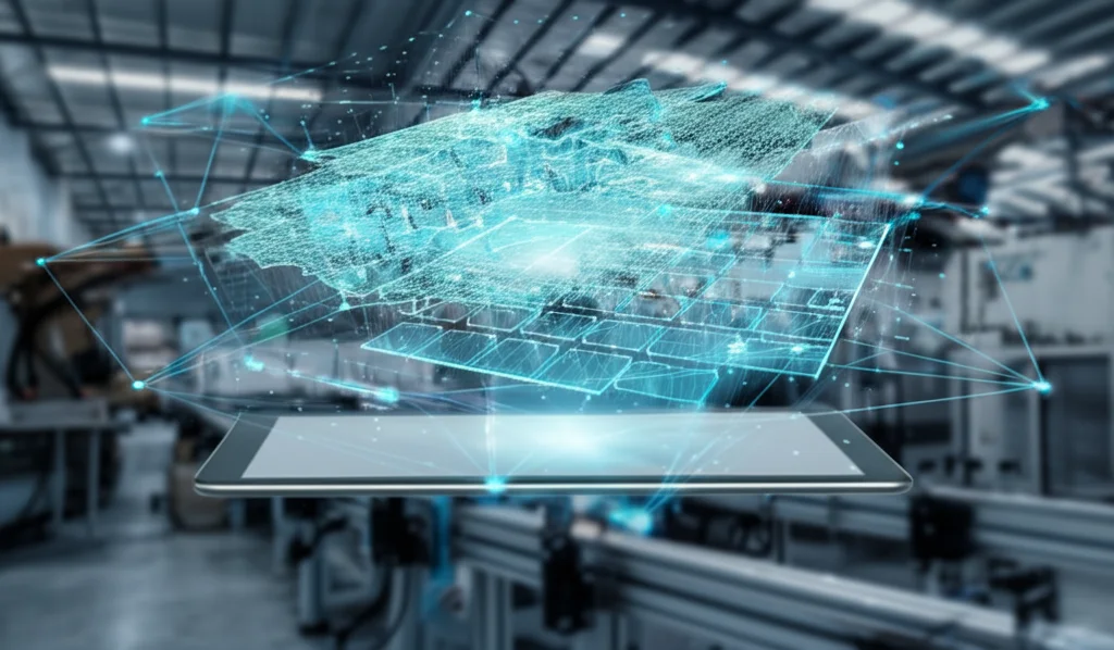 Immagine high-tech fotorealistica, un gemello digitale di una linea di produzione industriale complessa visualizzato come un ologramma 3D fluttuante sopra un tablet, con linee di dati luminose che collegano il modello virtuale a sensori reali sullo sfondo sfocato della fabbrica, obiettivo 35mm, alta definizione.