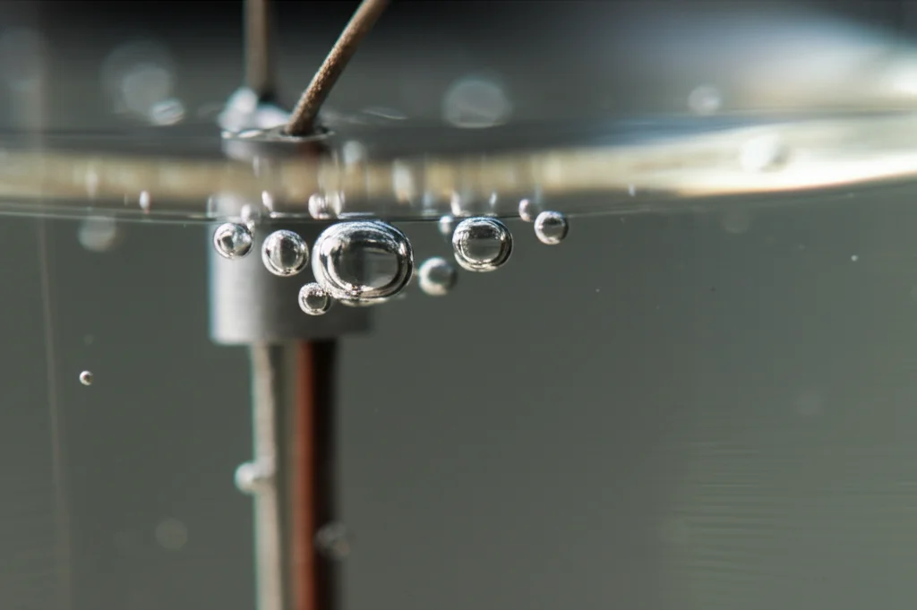 Primo piano macro di elettrodi di alluminio immersi in acqua grigia visibilmente torbida all'interno di un becher di vetro da laboratorio. Piccole bolle di idrogeno si formano sulla superficie del catodo. Illuminazione controllata da laboratorio, obiettivo macro 90mm, alta definizione, messa a fuoco precisa sulle bolle.