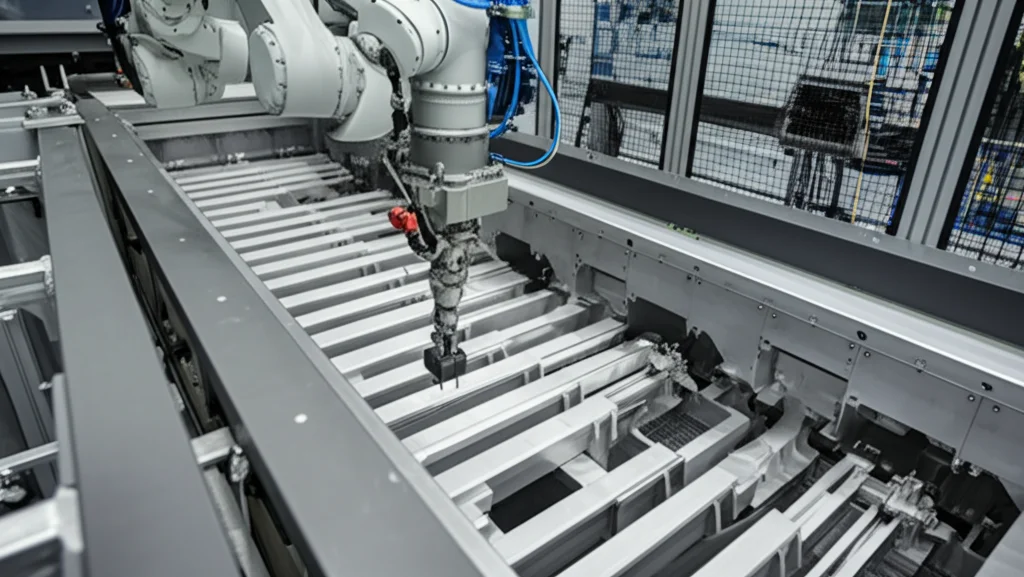 Fotografia di un moderno impianto galvanico aerospaziale, linee pulite e luminose, un braccio robotico che immerge con precisione un componente aeronautico in una vasca, riflessi metallici sull'acciaio inox, obiettivo 24mm grandangolare, messa a fuoco nitida, ambiente high-tech.