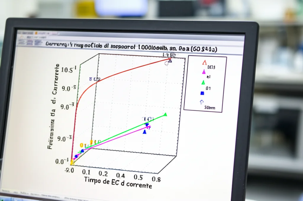Grafico a superficie di risposta tridimensionale colorato visualizzato su uno schermo di computer in un laboratorio di ricerca. Il grafico mostra l'ottimizzazione della rimozione della torbidità in funzione del tempo di EC e della densità di corrente. Messa a fuoco precisa sullo schermo, sfondo leggermente sfocato del laboratorio, obiettivo 50mm.