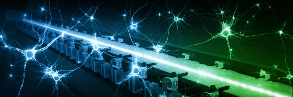 Concetto astratto di intelligenza artificiale che ottimizza un processo industriale, visualizzazione di reti neurali luminose sovrapposte a un flusso di produzione stilizzato, colori vibranti come blu elettrico e verde neon su sfondo scuro, stile futuristico high-tech.