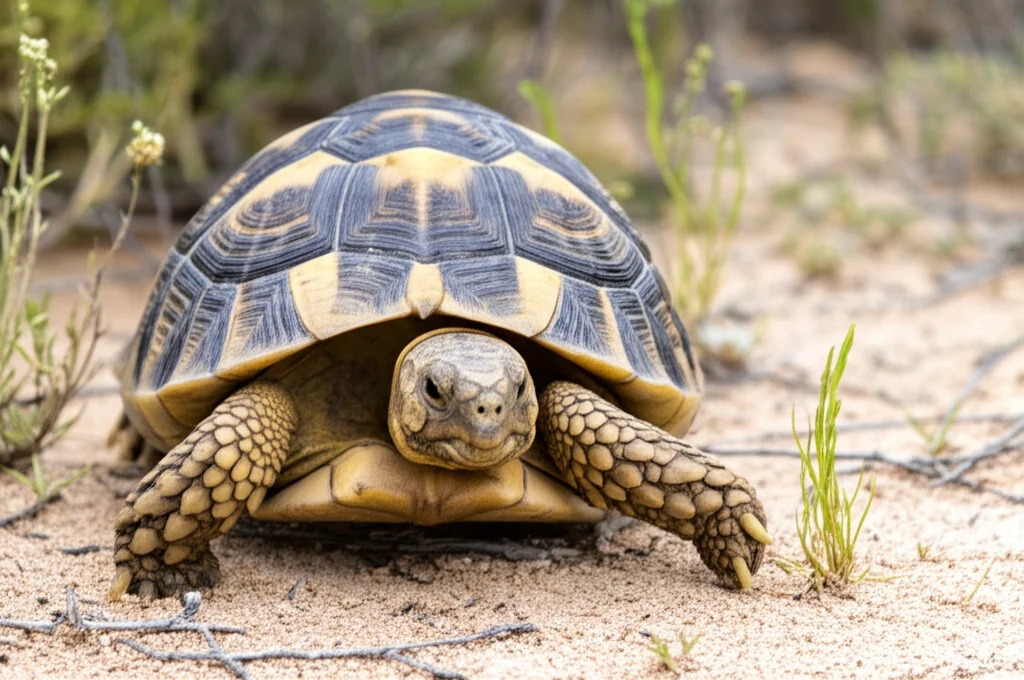 Fotografia macro di una tartaruga del Texas (Gopherus berlandieri) che cammina lentamente su un terreno sabbioso e con vegetazione sparsa nel sud del Texas. Obiettivo macro 60mm, messa a fuoco precisa sui dettagli del guscio e delle scaglie delle zampe, luce naturale diffusa, alto dettaglio.