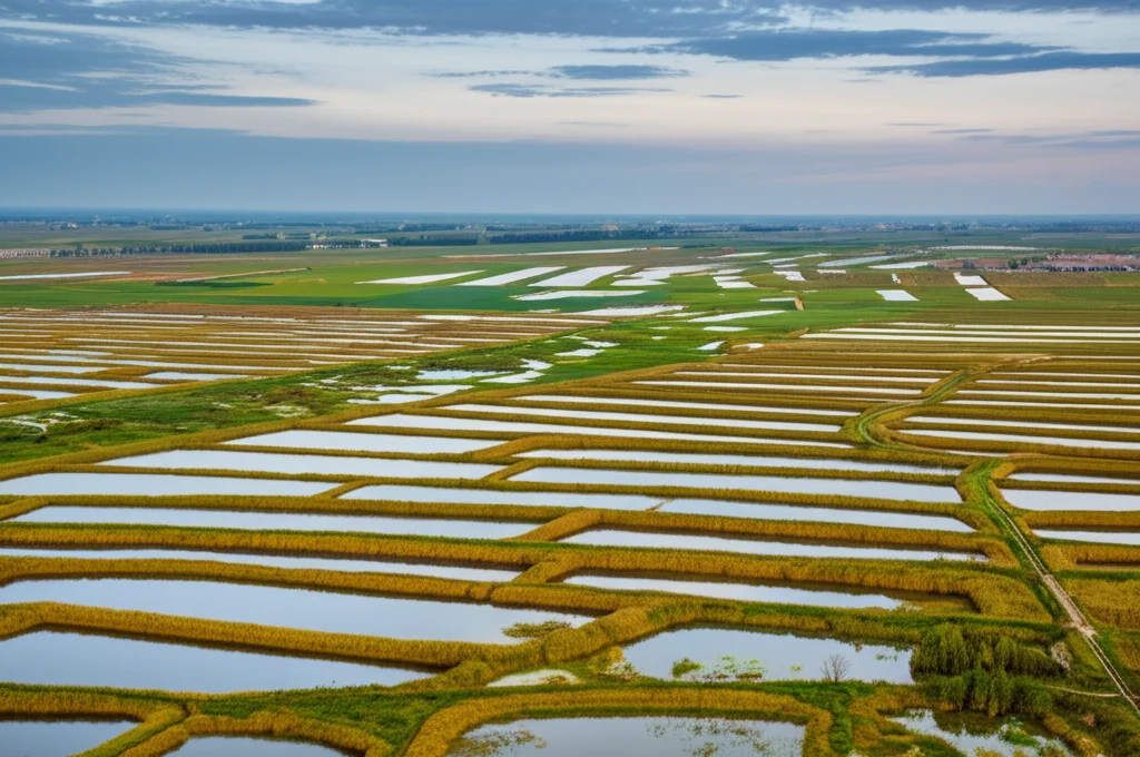 Fotografia paesaggistica grandangolare, 15mm, che mostra la vasta pianura del Sanjiang nella Cina nord-orientale. In primo piano, una zona umida paludosa con canneti e specchi d'acqua, mentre sullo sfondo si vedono campi coltivati geometrici, prevalentemente risaie allagate, che si estendono fino all'orizzonte sotto un cielo parzialmente nuvoloso. Luce del tardo pomeriggio, messa a fuoco nitida su tutto il piano, lunga esposizione per rendere l'acqua setosa, colori naturali vividi.