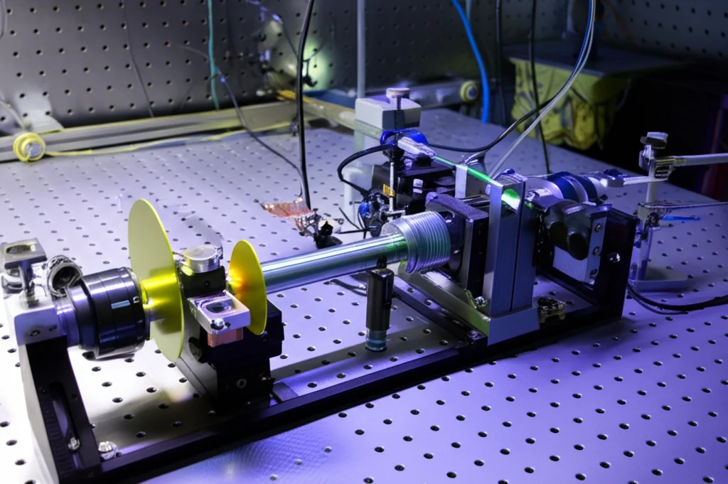 Schema fotorealistico di un interferometro di Mach-Zehnder per THz in un laboratorio. Un fascio laser THz (rappresentato artisticamente con un colore tenue) incide su un polarizzatore a griglia metallica inclinato. Il fascio si divide in due percorsi distinti, riflessi da specchi dorati. Uno degli specchi è montato su uno stage di traslazione micrometrica. I due fasci si ricombinano su un secondo polarizzatore a griglia. Illuminazione da laboratorio controllata, focus nitido sui componenti ottici, obiettivo macro 85mm, alta definizione.