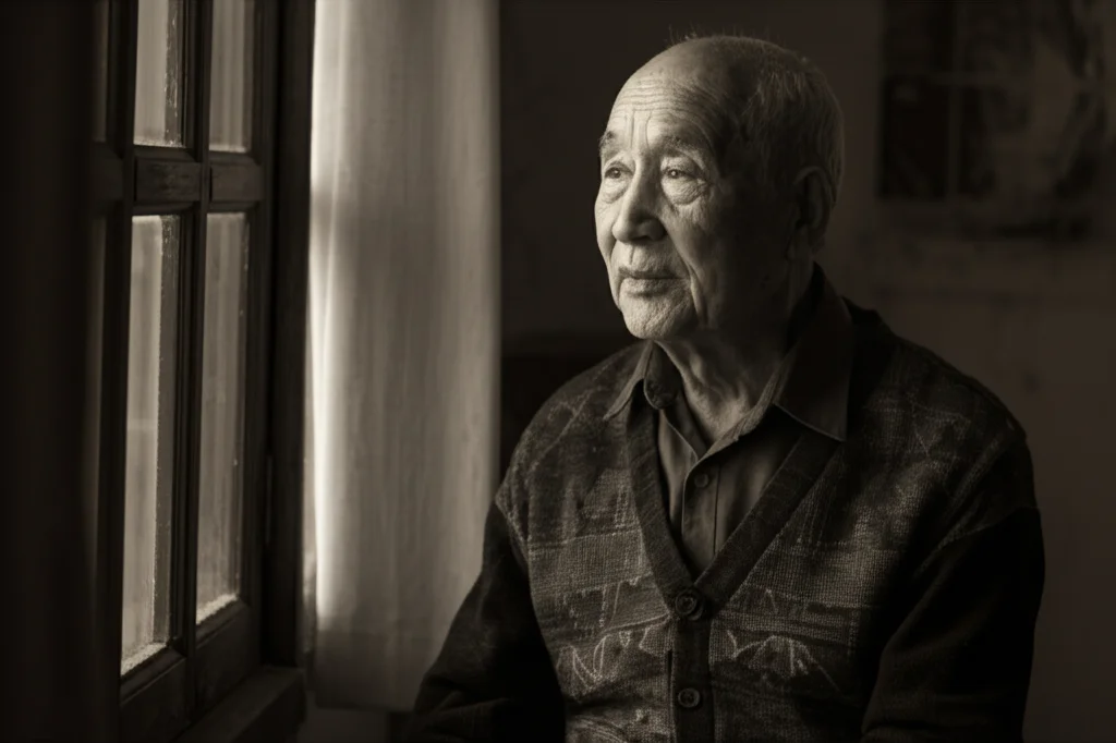Ritratto fotografico di un uomo anziano cinese, circa 70 anni, seduto vicino a una finestra con luce soffusa, sguardo pensieroso ma sereno; prime lens 35mm, profondità di campo, tonalità duotone seppia e grigio.