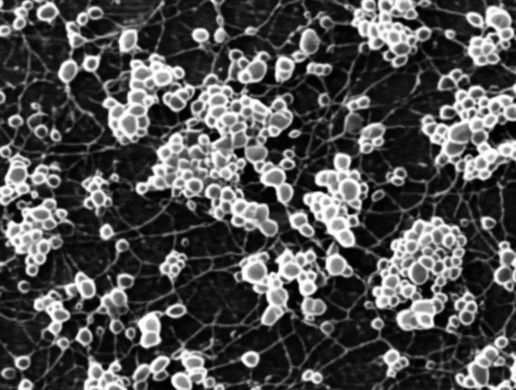 Micrografia elettronica a scansione ad alto dettaglio di cellule leucemiche THP-1 infettate dal virus Sikamat, mostrando blebbing della membrana e alterazioni morfologiche; illuminazione controllata, lente macro 100mm.