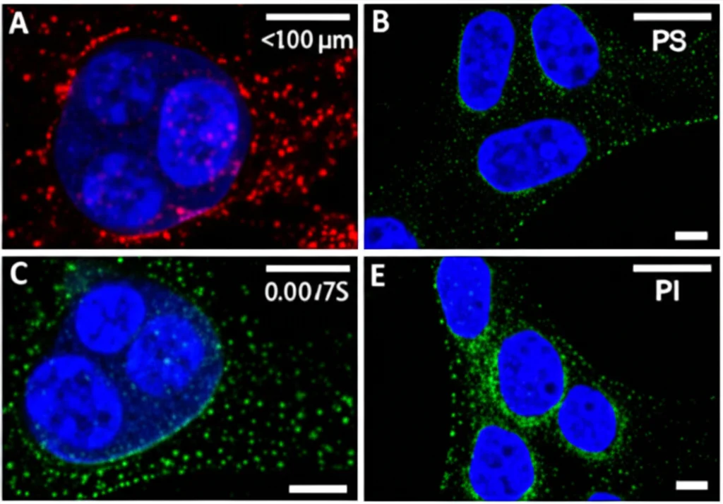 Immagine al microscopio confocale di cellule staminali tumorali hiPSC infettate da PRV7S, con nuclei colorati in blu (Hoechst) e cellule morte in rosso (PI); alta risoluzione, messa a fuoco precisa, stile scientifico.