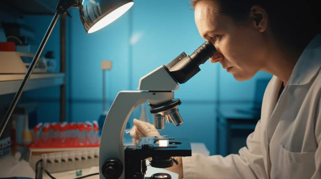 Ricercatore in laboratorio che osserva al microscopio campioni istologici di organi di topo dopo trattamento con PRV7S; luce da laboratorio controllata, profondità di campo ridotta, focus sul microscopio, persona in camice bianco.