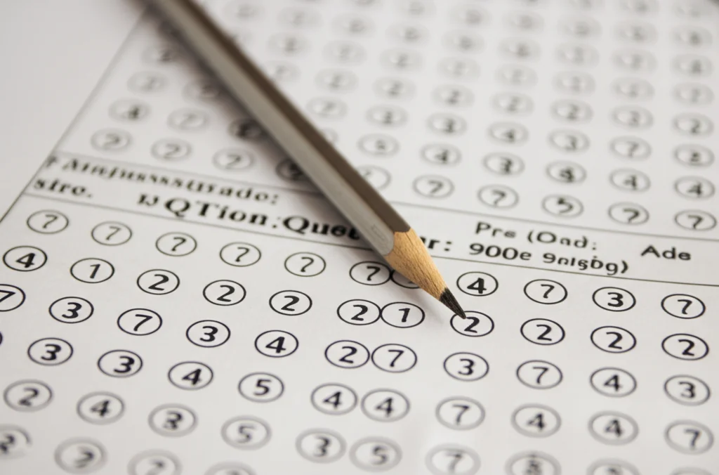 Primo piano macro di un foglio di questionario QTI parzialmente compilato su un banco di scuola, con una matita appoggiata sopra. Obiettivo macro 90mm, alta definizione dei dettagli della carta e della grafite, illuminazione controllata e morbida laterale.