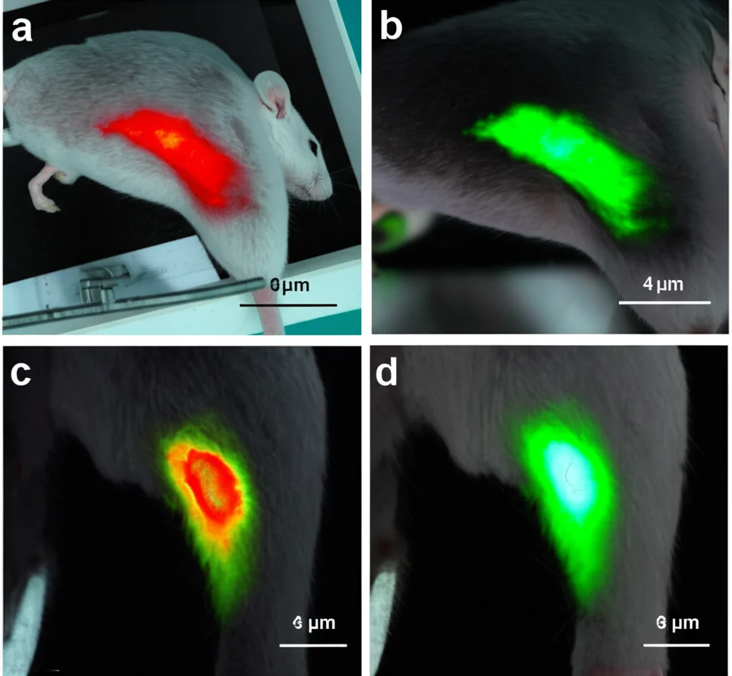 Immagine in vivo di un topo da laboratorio in un sistema di imaging ottico, che mostra l'accumulo mirato di nanoparticelle marcate con fluorescenza (DiR) nel sito di infezione sulla coscia destra (segnale luminoso intenso) rispetto al sito di controllo non infetto sulla coscia sinistra (segnale debole). Illuminazione specifica per fluorescenza nel vicino infrarosso.