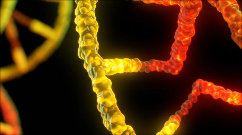 Macro fotografia di una doppia elica di DNA astratta illuminata da fasci di luce colorata (giallo per bilirubina, arancione per vitamina D), obiettivo macro 100mm, illuminazione controllata ad alto dettaglio, messa a fuoco precisa su specifici segmenti illuminati che rappresentano i CRE.
