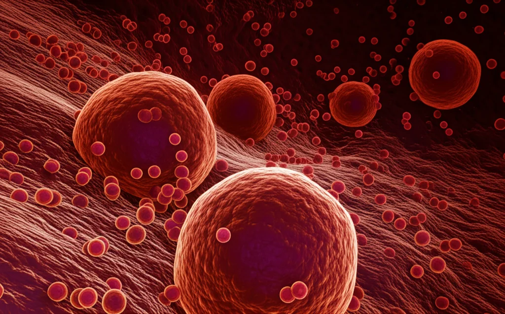 Immagine macro di cellule adipose viscerali stilizzate che rilasciano molecole infiammatorie (come piccole sfere rosse) nel flusso sanguigno. Macro lens, 100mm, high detail, precise focusing, controlled lighting con sfondo scuro.