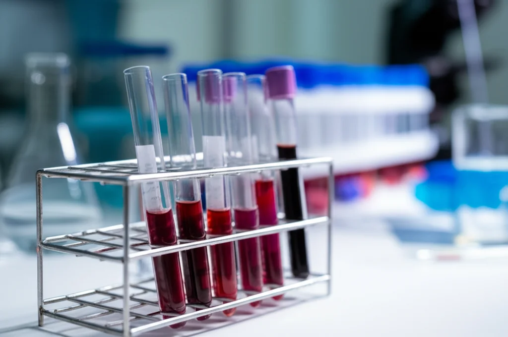 Macro fotografia di provette con siero sanguigno in un rack da laboratorio, luce controllata che mette in risalto i dettagli del liquido, sfondo sfocato con attrezzatura scientifica visibile. Macro lens 100mm, high detail, precise focusing.