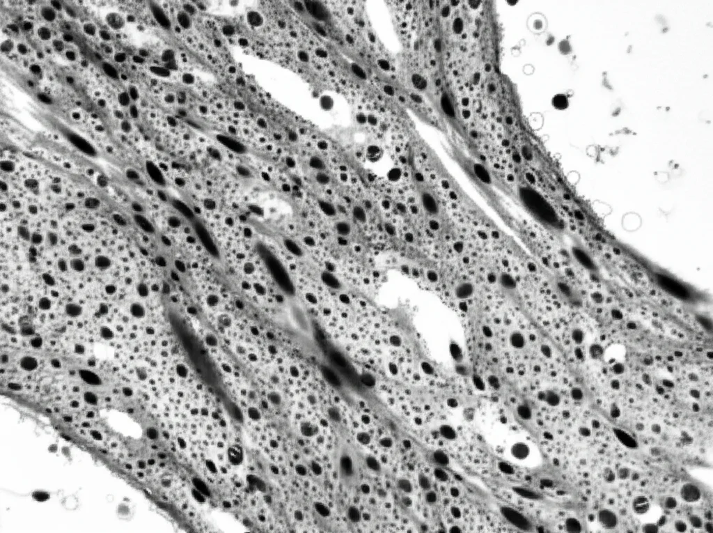Immagine al microscopio elettronico ad altissima risoluzione di cellule PDGFRα+ suburoteliali in un tessuto vescicale murino. Lente macro 100mm, illuminazione controllata da laboratorio, focus nitido sulle strutture cellulari e sulla matrice extracellulare circostante, evidenziando dettagli ultrastrutturali.