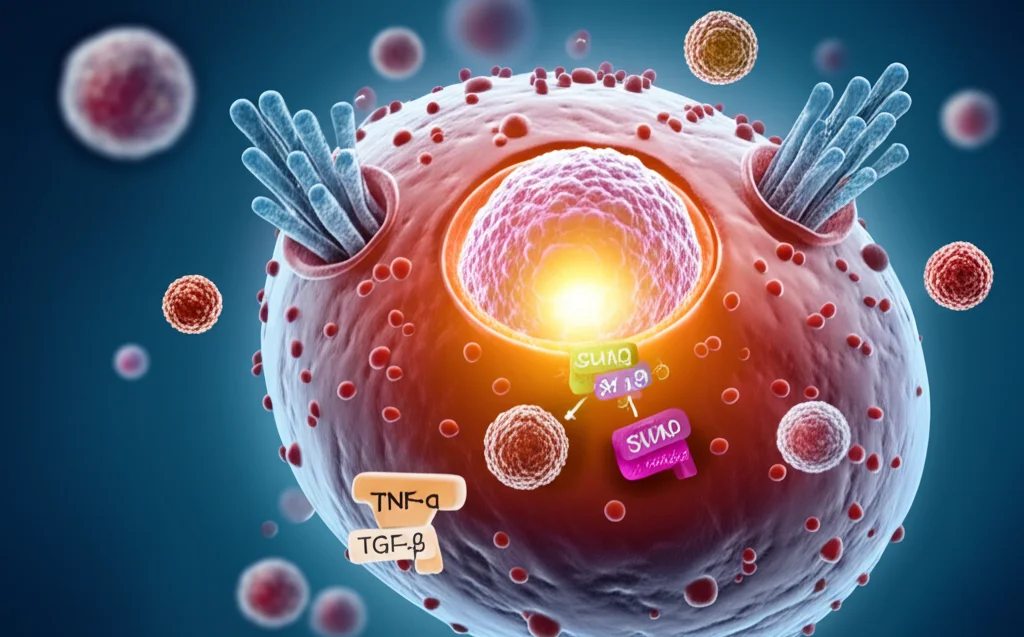 Illustrazione concettuale fotorealistica di una cellula stilizzata con recettori di membrana. Molecole di TNF-α e TGF-β (rappresentate come sfere colorate diverse) si legano ai recettori, innescando segnali interni (frecce luminose) che portano le molecole NF-κB e SMAD (forme astratte) a spostarsi dal citoplasma al nucleo (rappresentato come una sfera luminosa centrale). Profondità di campo per mettere a fuoco l'interazione recettore-ligando.