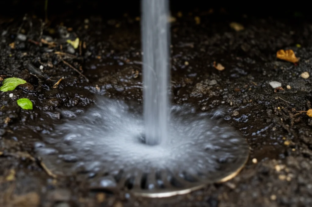 Fotografia macro di acqua grigia torbida che esce da un tubo di scarico di una lavastoviglie o lavatrice, diretta verso il terreno del giardino, obiettivo macro 60mm, dettagli elevati sulle particelle sospese, illuminazione drammatica.