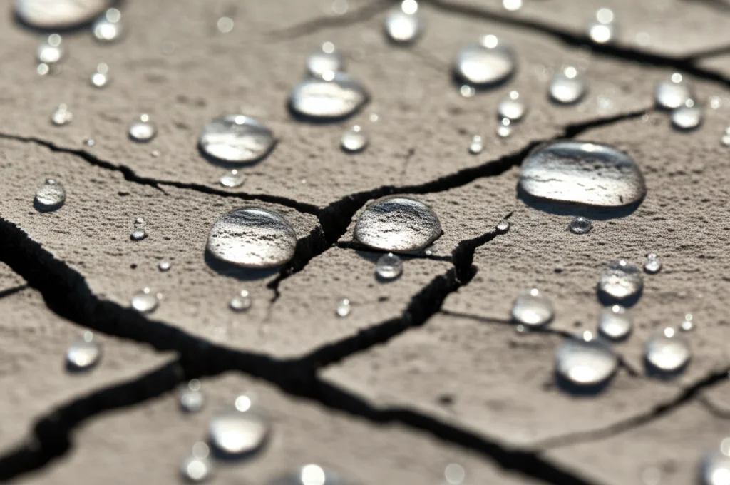Fotografia macro di gocce d'acqua piovana ferme sulla superficie di un terreno argilloso pallido e compattato (sbiancato), incapaci di infiltrarsi, evidenziando crepe superficiali, obiettivo macro 80mm, alta definizione, illuminazione naturale laterale.