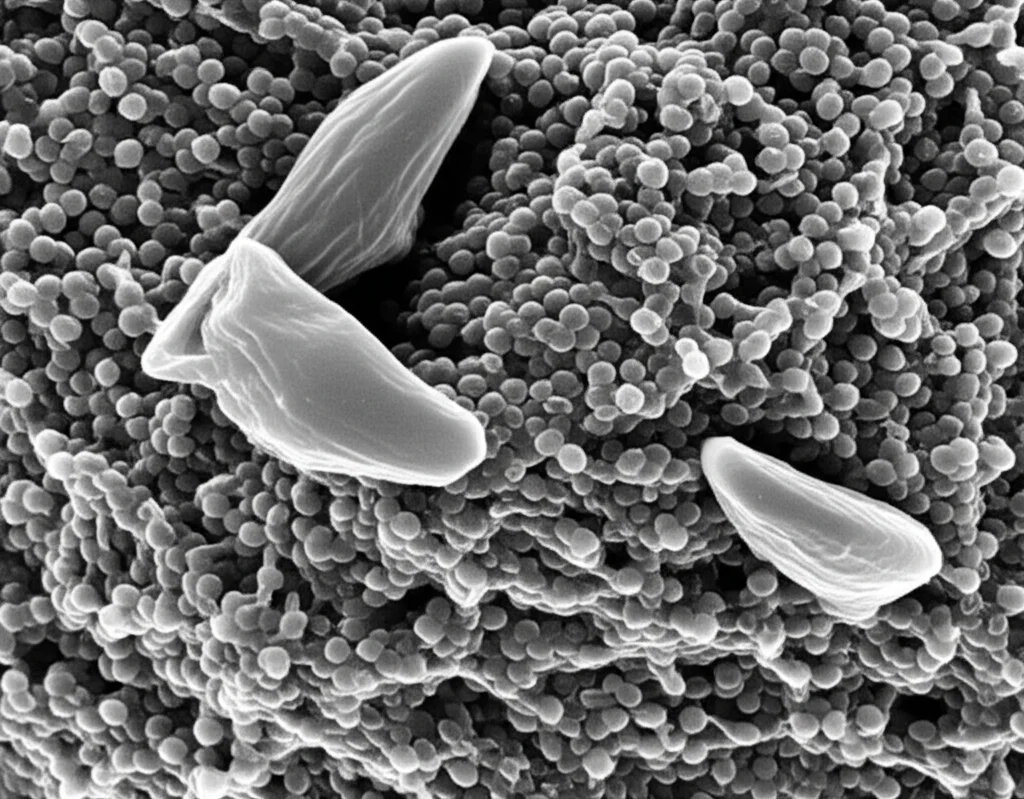 Immagine al microscopio elettronico a scansione (SEM) di granuli di polline maturi di erba medica (Medicago sativa), obiettivo ad alto ingrandimento, che mostra la complessa struttura tridimensionale e le ornamentazioni della parete esterna (esina), alta definizione, resa in bianco e nero per enfatizzare la texture.