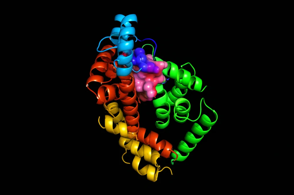Visualizzazione 3D della struttura proteica predetta per MsMYB49, mostrante le caratteristiche eliche alfa del dominio MYB conservato. Resa fotorealistica con colori che indicano diverse regioni funzionali, sfondo scuro per focalizzare sulla proteina.