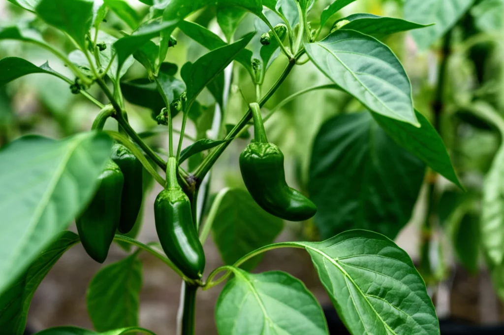 Lenti macro, 85 mm, dettagli elevati, messa a fuoco precisa, illuminazione controllata, piante di pepe a campana sane che prosperano sotto il trattamento biostimolante in una serra, vibranti foglie verdi, piccoli peperoni in via di sviluppo visibili e sottili segni sottili di ambiente di stress controllato.