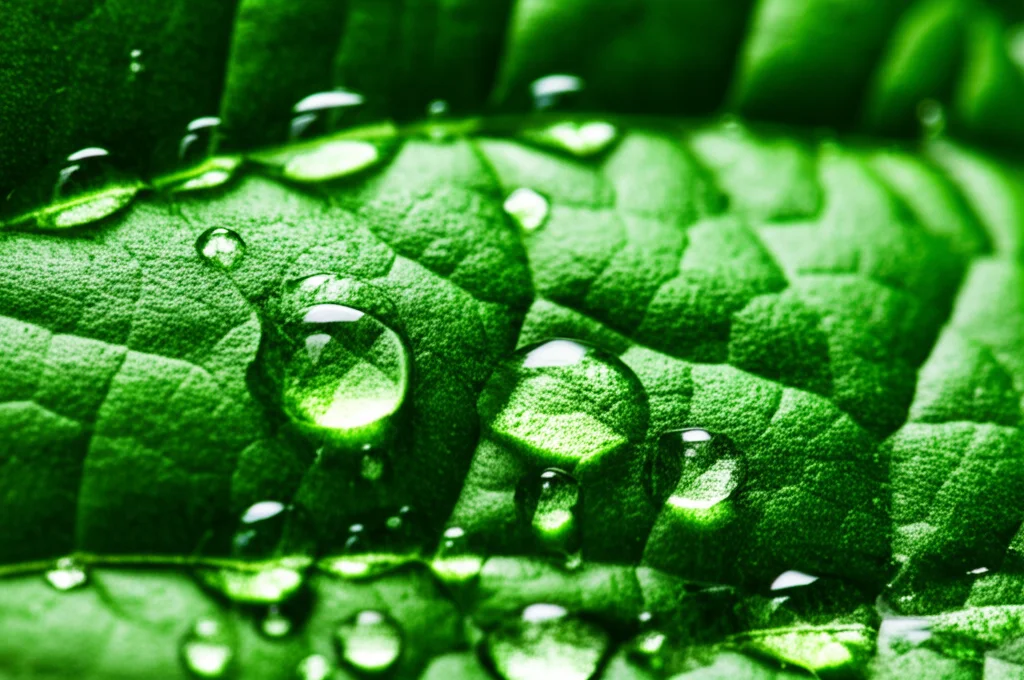 Lenti macro, 100 mm, dettagli elevati, messa a fuoco precisa, illuminazione controllata, primo piano di una superficie di foglia di pepe a campana che mostra cellule turgide sane e gocce d'acqua, che simboleggiano la resilienza e il buon stato dell'acqua sotto la protezione biostimolante contro lo stress salino.