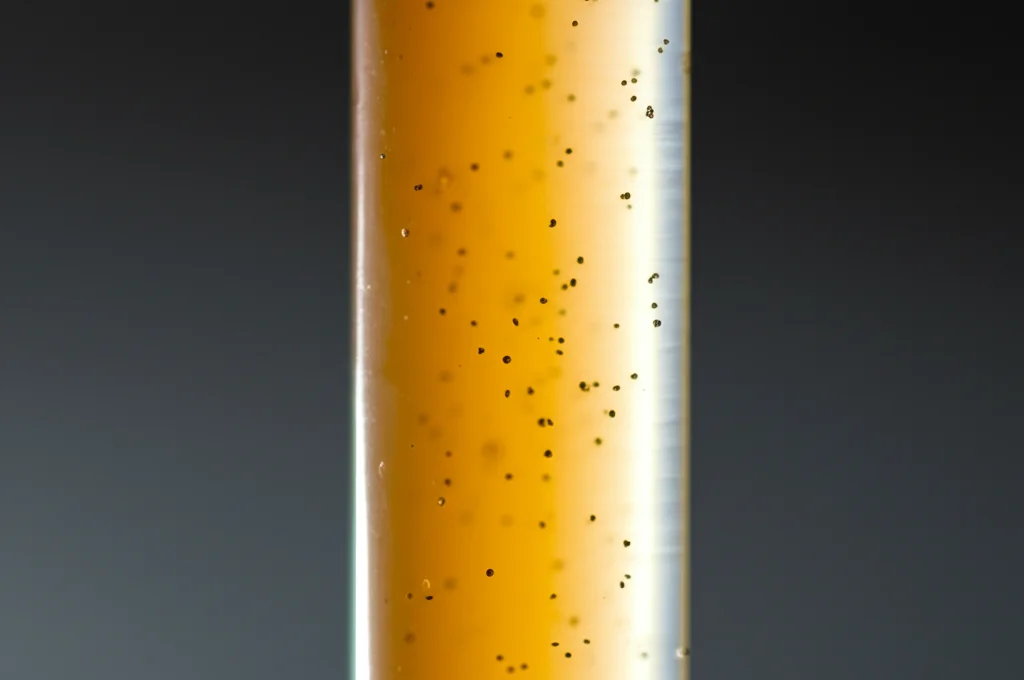 Fotografia macro di un campione d'acqua torbida prelevato dal fiume Mahanadi in una provetta da laboratorio, illuminazione controllata per evidenziare le particelle sospese e la colorazione anomala, obiettivo macro 100mm, alta definizione, sfondo neutro.