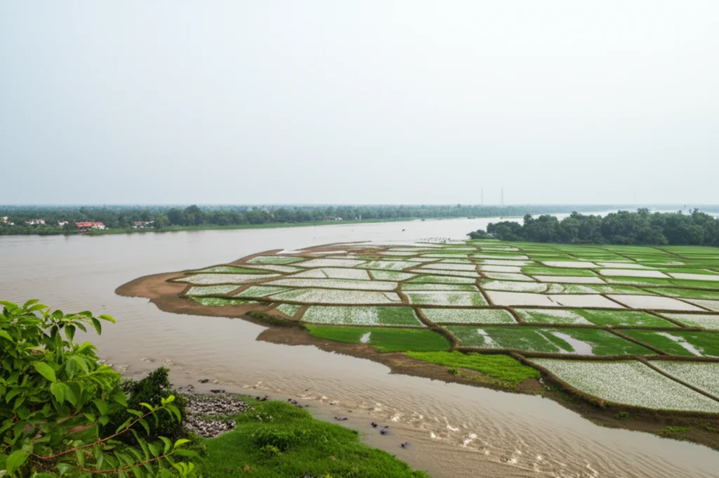Veduta grandangolare del fiume Mahanadi che attraversa un'area rurale con campi coltivati intensivamente fino alle rive in Odisha, India. Si nota possibile runoff agricolo verso il fiume. Obiettivo grandangolare 15mm, luce diurna diffusa, messa a fuoco nitida sull'intero paesaggio.