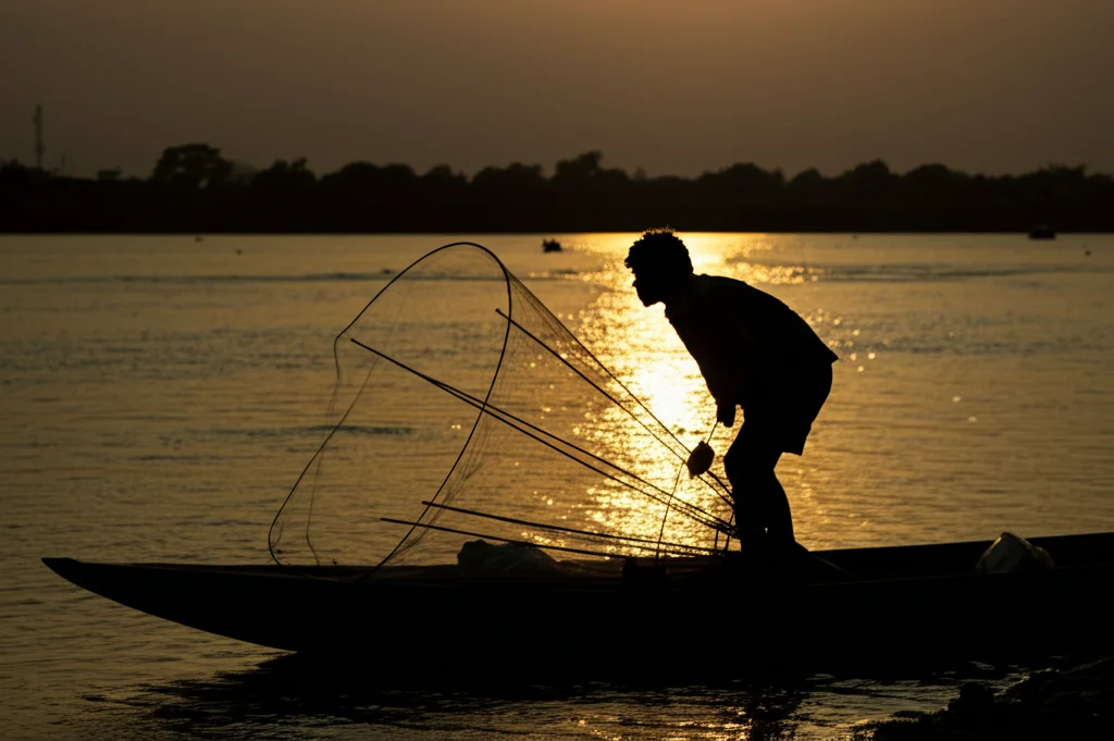 Ritratto ambientato di un pescatore locale sul fiume Mahanadi al tramonto, la sua espressione riflette la dipendenza dal fiume ma anche la possibile preoccupazione per il suo futuro. Obiettivo 50mm, luce calda del tramonto, silhouette parziale contro il fiume scintillante, profondità di campo media.