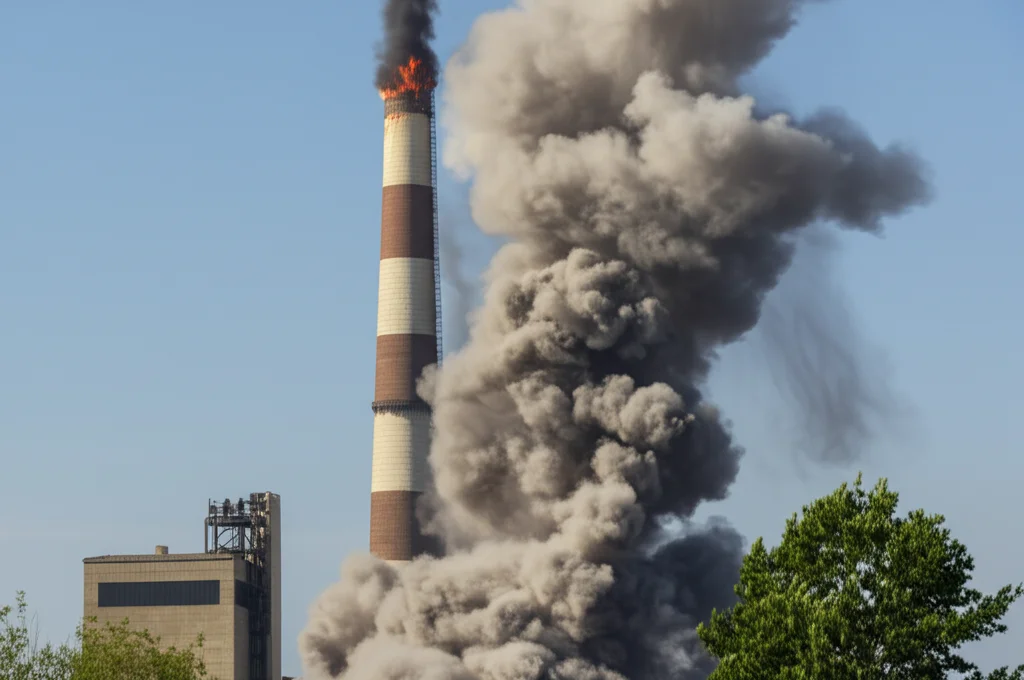 Fotografia d'azione, teleobiettivo zoom 200mm, che cattura il momento dell'implosione controllata di una ciminiera di una centrale elettrica, nuvola di polvere e detriti, velocità dell'otturatore elevata per congelare il movimento, tracciamento dell'azione sulla caduta.