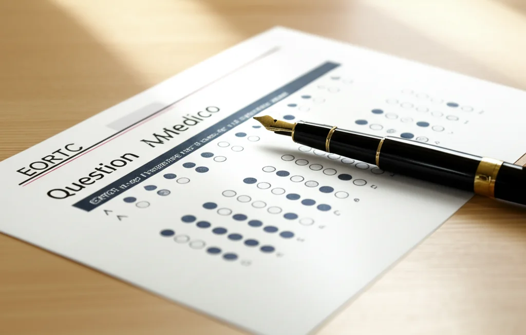 Primo piano di un questionario medico EORTC su un tavolo di legno chiaro, con una penna stilografica accanto, luce da studio controllata e morbida, obiettivo macro 90mm, alta definizione dei dettagli della carta e del testo, messa a fuoco precisa sulle domande.