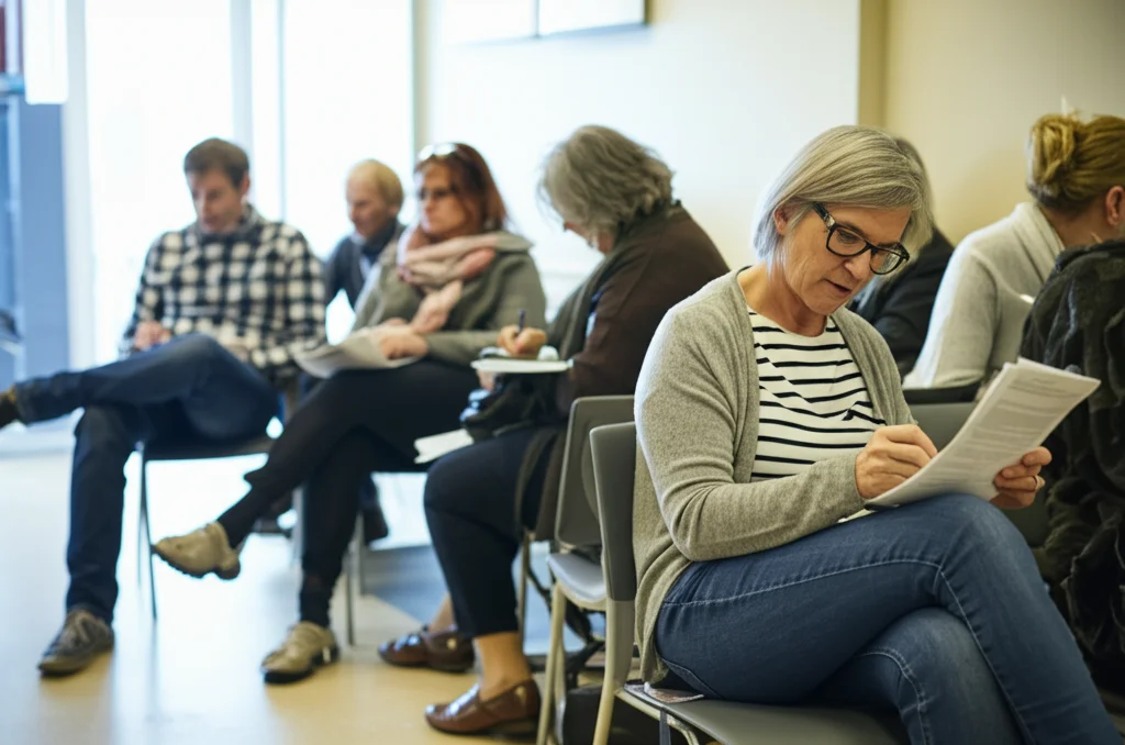 Fotografia di un gruppo eterogeneo di pazienti (uomini e donne, età diverse) in una sala d'attesa luminosa di un ospedale svedese, alcuni compilano moduli, atmosfera calma ma con un velo di preoccupazione, obiettivo 35mm, luce naturale, profondità di campo media.