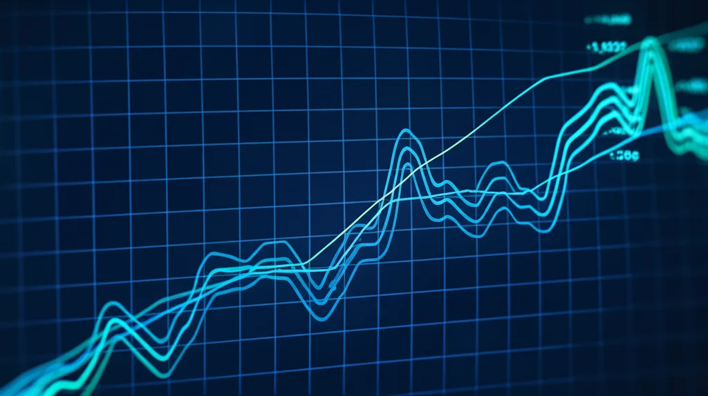 Grafico astratto che mostra linee di correlazione tra diversi set di dati su uno sfondo digitale blu scuro, simboleggiante l'analisi statistica psicometrica, illuminazione d'effetto, obiettivo 50mm, alta definizione.
