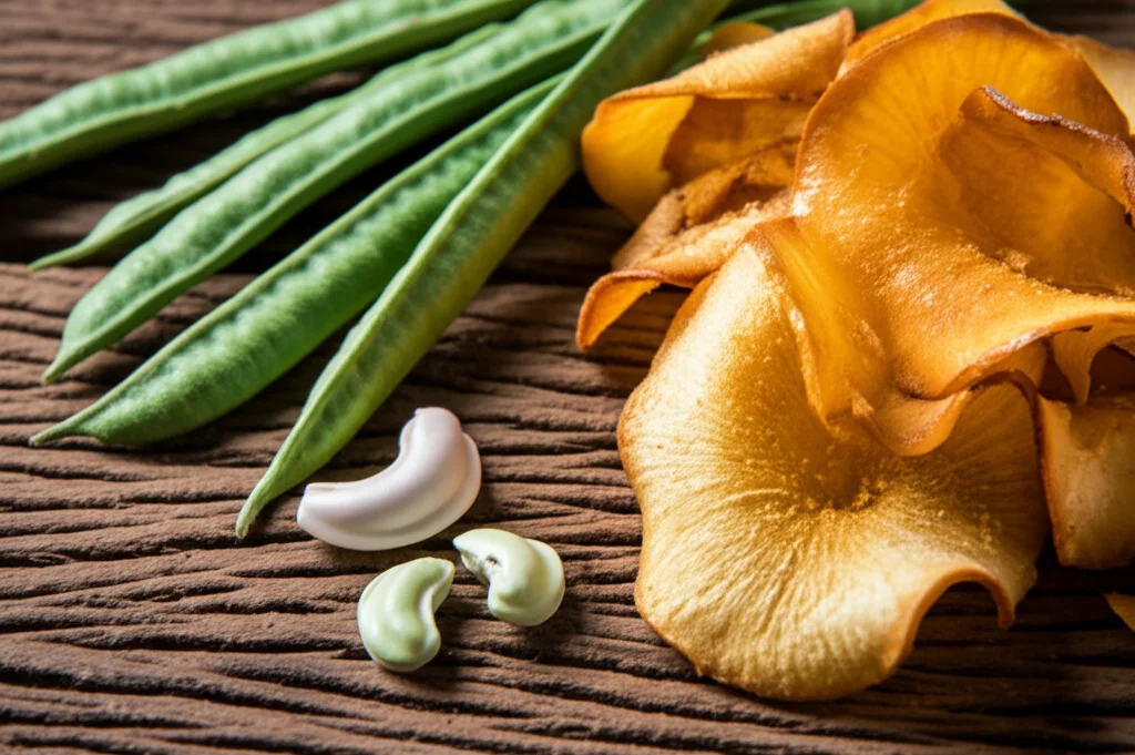 Tuberi freschi di fagiolo alato (Psophocarpus tetragonolobus) accanto a chips di manioca essiccate, su un tavolo rustico in legno. Macro lens, 80mm, high detail, precise focusing, luce naturale controllata.