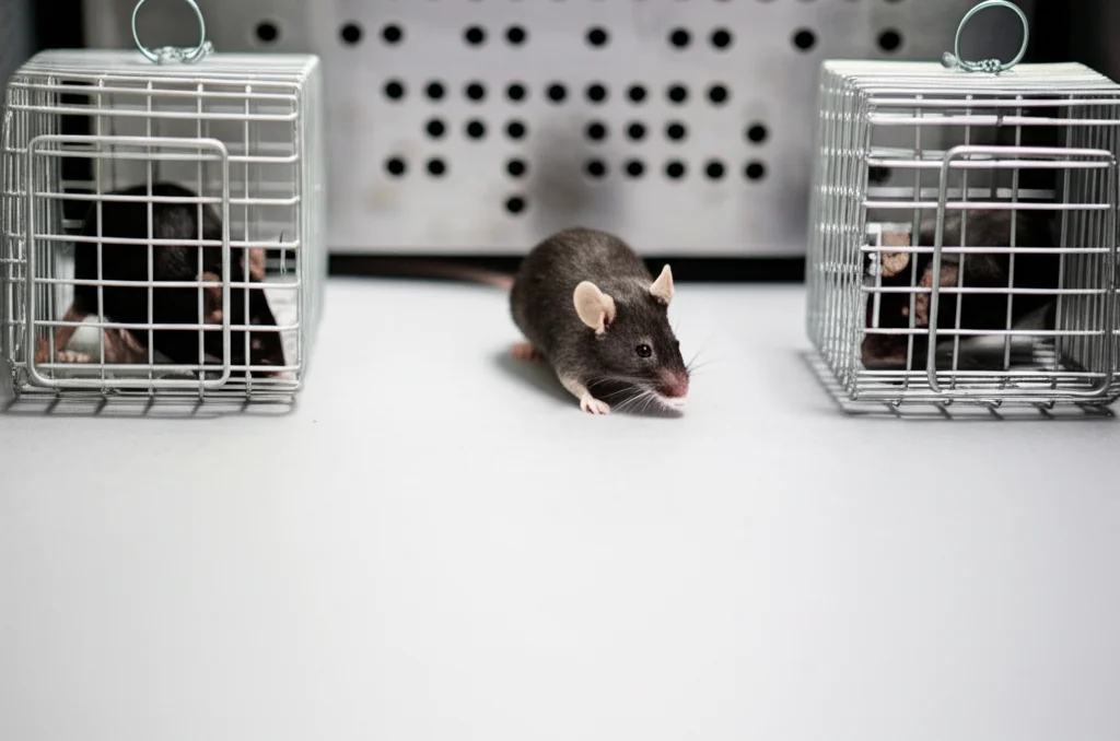 Fotografia realistica di un topo di laboratorio in un apparato per il test dei tre compartimenti. Il topo si trova nel compartimento centrale, esitando tra il compartimento sinistro con un oggetto e il compartimento destro con un altro topo (stranger) in una gabbietta metallica. Obiettivo zoom 35mm, profondità di campo che mette a fuoco il topo centrale, luce ambientale da laboratorio. Cattura un momento di scelta comportamentale.