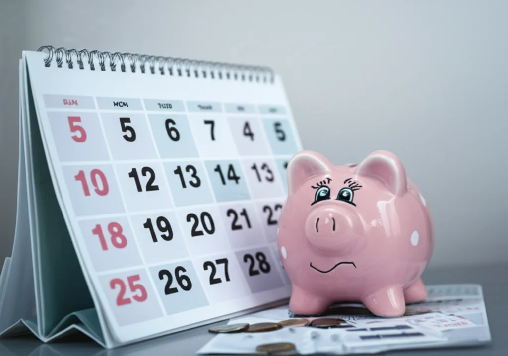 Primo piano di un calendario pieno di appuntamenti medici accanto a un salvadanaio quasi vuoto, obiettivo macro 85mm, alta definizione, illuminazione laterale controllata.