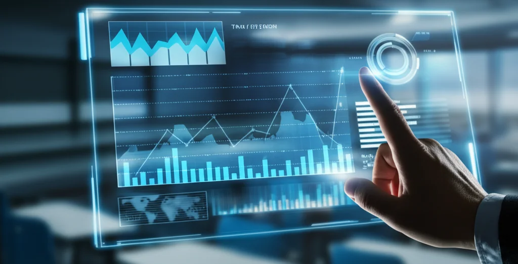 Primo piano di una mano che interagisce con un'interfaccia utente futuristica su uno schermo trasparente, mostrando grafici sull'adozione tecnologica (simili a TAM/UTAUT). Sullo sfondo sfocato, un'aula universitaria. Fotografia still life, obiettivo macro 90mm, alta definizione, illuminazione controllata per enfatizzare lo schermo.