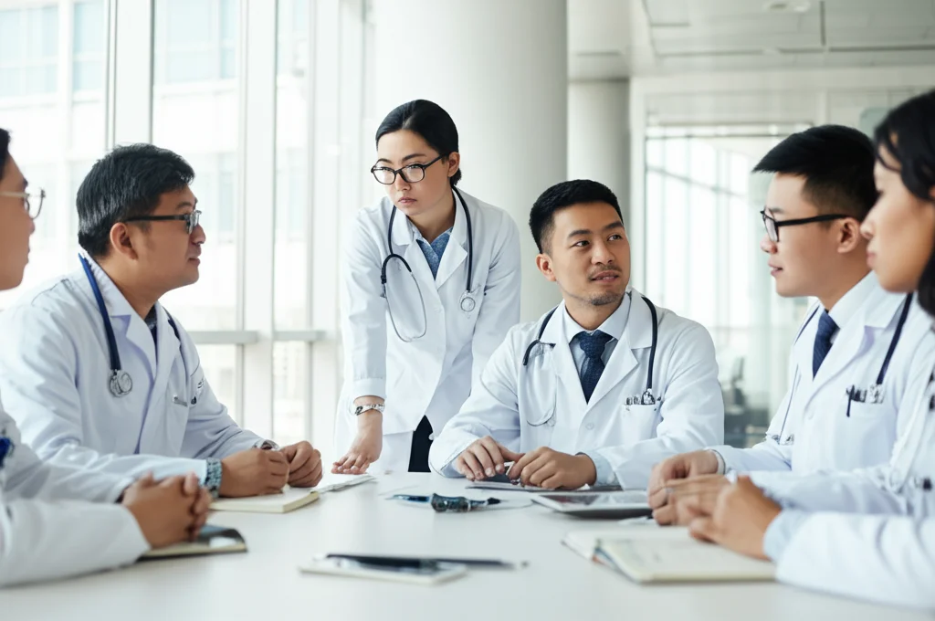 Un gruppo eterogeneo di operatori sanitari cinesi (medici, infermieri, terapisti) in camice bianco discute animatamente ma con empatia attorno a un tavolo in una sala riunioni luminosa di un ospedale moderno. Focus su espressioni concentrate e collaborative. Obiettivo prime 35mm, profondità di campo ridotta per sfocare leggermente lo sfondo.