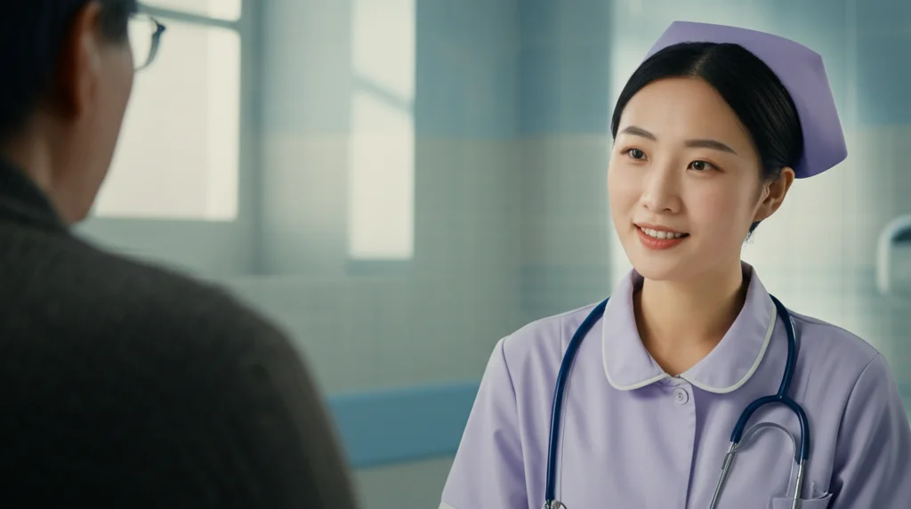 Primo piano stretto sul volto di un'infermiera cinese con un'espressione empatica e attenta mentre ascolta un paziente anziano (fuori fuoco o solo parzialmente visibile) in una stanza d'ospedale. Luce morbida e naturale dalla finestra. Obiettivo macro 85mm, alta definizione sui dettagli del viso dell'infermiera.