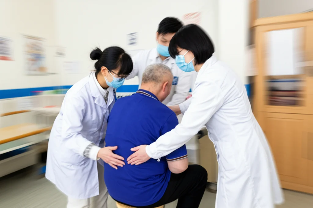 Scena dinamica in un reparto di riabilitazione cinese: un medico, un'infermiera e un terapista (tutti identificabili dalle divise) lavorano insieme attorno a un paziente seduto. Movimento leggermente sfocato per indicare azione. Obiettivo zoom 100mm, fast shutter speed per catturare l'interazione.