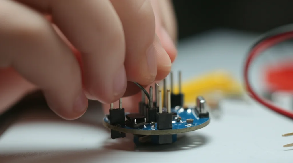 Primo piano macro di una mano di bambino che assembla un piccolo circuito o un componente robotico su un banco di lavoro. Dettagli nitidi sui componenti elettronici e sulle dita piccole. Obiettivo macro, 60mm, alta definizione, illuminazione controllata per evidenziare i dettagli.