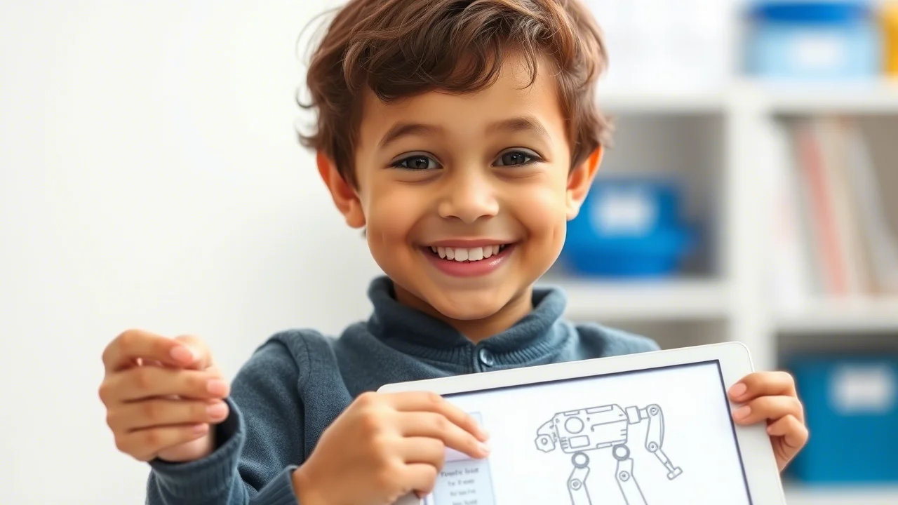 Un bambino della scuola primaria sorride con soddisfazione mostrando un disegno o un progetto digitale su un tablet, forse un semplice modello AI creato con un software educativo. Espressione di gioia e orgoglio. Ritratto, obiettivo 50mm, luce morbida, sfondo leggermente sfocato per concentrarsi sul bambino e sul suo lavoro.