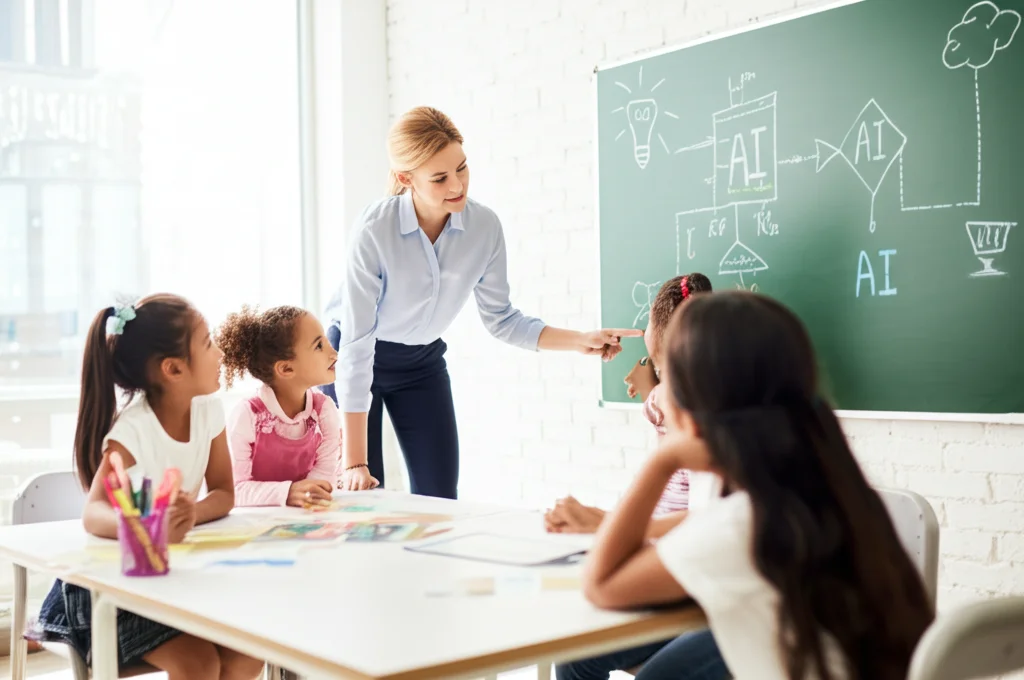 Un insegnante in un'aula moderna collabora con un piccolo gruppo di bambini della scuola primaria, utilizzando una lavagna interattiva che mostra concetti legati all'AI (magari diagrammi semplici o icone). L'insegnante appare supportivo e guida la discussione. Obiettivo grandangolare moderato, 24mm, per includere il gruppo e l'ambiente, luce brillante e accogliente.