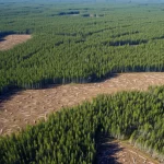 Ampia vista aerea di un paesaggio forestale boreale gestito, che mostra distinti appezzamenti di tagli rasi recenti e aree di rigenerazione di giovani piantine, catturata con un obiettivo grandangolare da 10mm, messa a fuoco nitida, simulando un'immagine satellitare ad alta risoluzione, condizioni di cielo sereno.