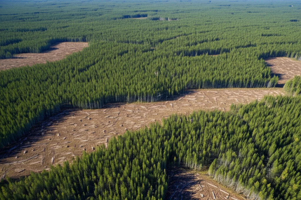 Ampia vista aerea di un paesaggio forestale boreale gestito, che mostra distinti appezzamenti di tagli rasi recenti e aree di rigenerazione di giovani piantine, catturata con un obiettivo grandangolare da 10mm, messa a fuoco nitida, simulando un'immagine satellitare ad alta risoluzione, condizioni di cielo sereno.