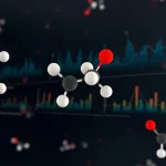 Concetto astratto di caos metabolico causato dall'esposizione combinata a Bisfenolo AF e fruttosio, visualizzato con molecole stilizzate fluttuanti e grafici di dati alterati su sfondo scuro, illuminazione drammatica laterale, obiettivo 35mm, profondità di campo ridotta per focalizzare su alcune molecole.
